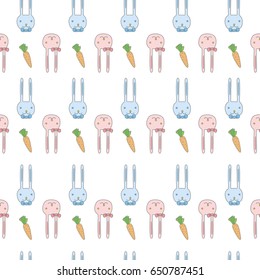Vector seamless pattern. Cute background with pink and blue bunnies and carrots. Can be used for print on clothes for boys and girls, package, banner, wrapping paper, decoration. EPS10. 