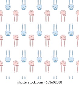 Vector seamless pattern. Cute background with pink and blue bunnies isolated on white backdrop. Can be used for print on clothes for boys and girls, package, banner, wrapping paper, decoration. EPS10.