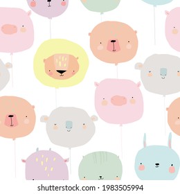Vector Seamless Pattern with Cute Balloon Faces Animals