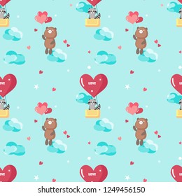 Vector seamless pattern with cute bear and raccoon in love flying on heart shaped hot air balloon and balloons. Happy romantic animals background, wallpaper, fabric, wrapping paper.