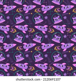 Vector seamless pattern with cute bear astronaut and rocket. Space background with fun cosmonaut animal character. Can be used for textile, wrapping paper, wallpaper for kids nursery and other design