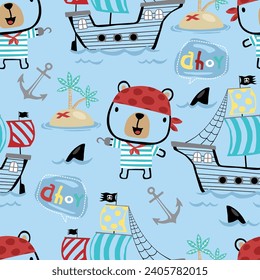 Vector seamless pattern of cute bear pirate with pirates element