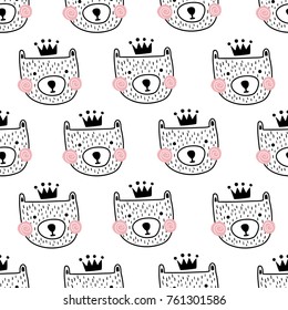 vector seamless pattern with cute bear heads in crown