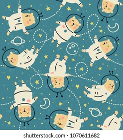 vector seamless pattern, cute bears in space