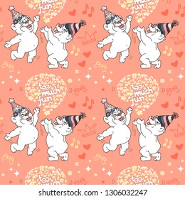 Vector Seamless pattern with cute bears in party hats are dancing on pink background. Words Too much fun.