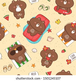 Vector seamless pattern with cute bears having fun at vacation. Background with the sea and beach summer activities