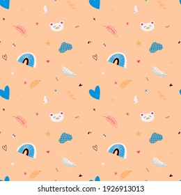Vector seamless pattern with cute bears, rainbows, hearts, stars and other abstract elements on a yellow background, children's pattern for pajamas, fabrics, packaging