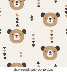 Vector seamless pattern with cute bears and triangles. Forest repeated texture with cartoon characters. Childish print with woodland animals for kids fabric and wrapping paper. Scandinavian style.