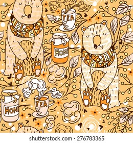 vector  seamless pattern with cute bears , honey and cups of tea 