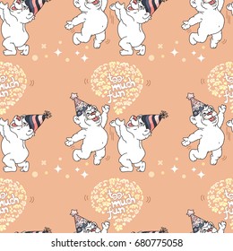 Vector Seamless pattern with cute bears in party hats on pink background.