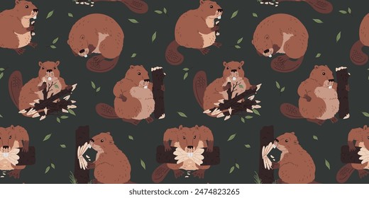 Vector seamless pattern with cute beavers: they are sleeping, building a dam and gnawing on wooden logs on a dark green background, is in a cartoon flat style