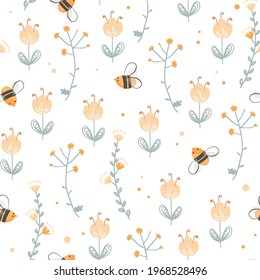 Vector seamless pattern with cute bee and doodle flowers. Vintage hand drawing floral texture. Cartoon natural background.