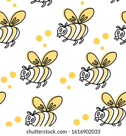 Vector seamless pattern with cute bees on white background. Great print  for fabric, wrapping papers, wallpapers,  cover. Doodle style illustration in black ink with yellow flat elements.