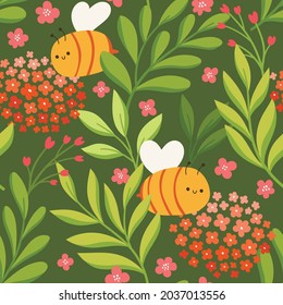 Vector seamless pattern of cute bees and flowers. Modern floral background. Decorative botanical texture for fabric, textile,  wallpaper, design.
