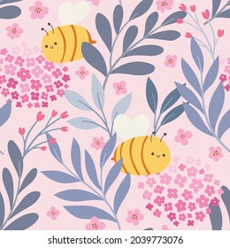 Vector seamless pattern of cute bees and flowers. Modern floral background. Decorative botanical texture for fabric, textile,  wallpaper, design.