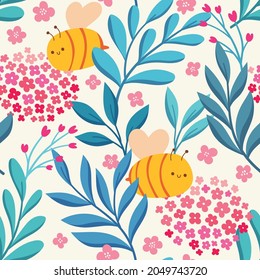 Vector seamless pattern of cute bees and flowers. Modern floral background. Decorative botanical texture for fabric, textile,  wallpaper, design.