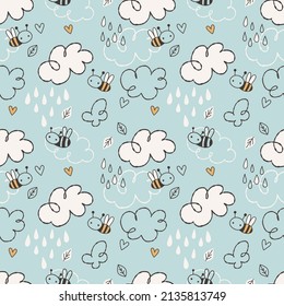 Vector seamless pattern with cute bees, clouds and raindrops. Hand drawn vector illustration. Texture for children's fabrics, wallpapers, decor.