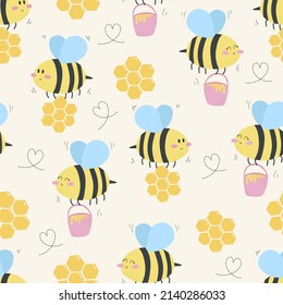 Vector seamless pattern with cute bees with honey and honeycombs. Cute honey concept