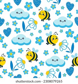 Vector seamless pattern with cute bees, clouds, chamomiles and hearts. Summer or spring background. Great for wallpaper design, clothing, textile printing, wrapping paper