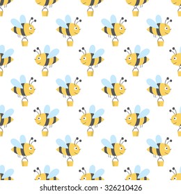 vector seamless pattern with cute bees with buckets