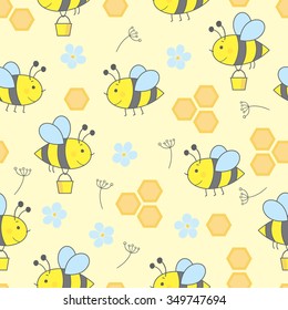 vector seamless pattern with cute bees, flowers, honeycomb