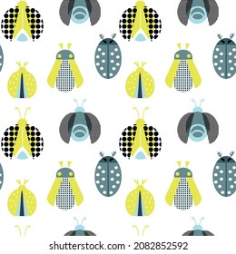 Vector seamless pattern with cute beetles on a white background. Ornament for template, textiles, surfaces, packaging. insects in cartoon style for baby clothes.