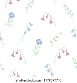 Vector seamless pattern with cute bell flowers, daisies and branches. Isolated, white background