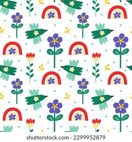 Vector seamless pattern. Cute bird, rainbow, flowers on white background. Creative scandinavian kids texture for fabric, wrapping, textile, wallpaper, apparel. Vector illustration.