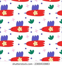 Vector seamless pattern. Cute birds, flowers on white background. Creative scandinavian kids texture for fabric, wrapping, textile, wallpaper, apparel. Vector illustration.