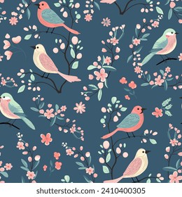 Vector seamless pattern with cute birds and flowers. Spring backgrounds. Hand drawn folk print. 