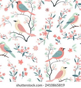 Vector seamless pattern with cute birds and flowers. Spring backgrounds. Hand drawn folk print. 