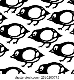 Vector seamless pattern with cute birds. Black and white. Brazilian cordel woodcut style.
