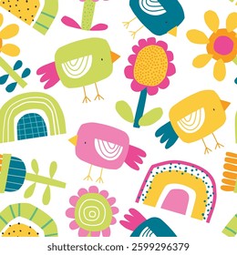 Vector seamless pattern with cute birds, flowers and rainbows. Bright summer, spring print. Easter. Creative kids texture for fabric, wrapping, textile, wallpaper. 