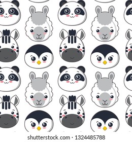 Vector seamless pattern with cute black and white animal faces, endless backgrond for baby fabric, textile design.