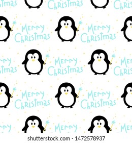 Vector seamless pattern cute black Penguin with blue and yellow magic wand and hand lettering Merry Christmas isolated on white background.