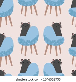 Vector seamless pattern with cute black cat on chair. Hand drawn illustration.