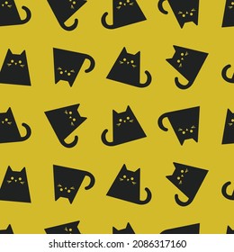Vector seamless pattern with cute black cat on yellow background