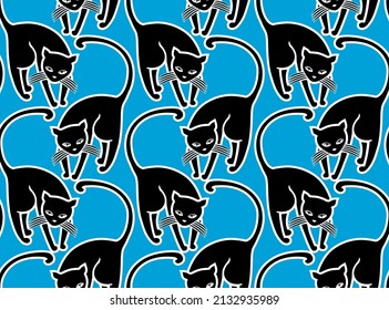 Vector seamless pattern of cute black cats on blue background.