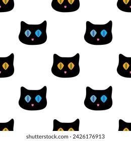 Vector seamless pattern of cute black cat face on white background, minimal cartoon style kitten.