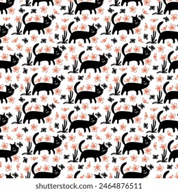 Vector seamless pattern cute black cats and flowers, butterflies on the white background.  Texture for print, wrapping paper, cover, decor, banners.