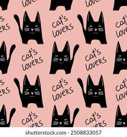 Vector seamless pattern cute black cat and words in English cats lovers on the pink background.  Texture for print, wrapping paper, cover, decor, banners.