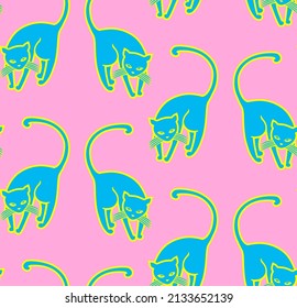 Vector seamless pattern of cute blue cats on pink background.