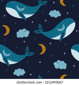 Vector seamless pattern with cute blue whales, stars, clouds and moon on a dark background. Childish print with celestial cachalot. Scandinavian kids texture for textiles, wrapping paper, gift paper