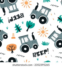 Vector seamless pattern with cute blue tractors. Pattern for bedroom, wallpaper, kids and baby wear.