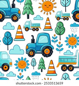 Vector seamless pattern with cute blue tractors. Pattern for bedroom, wallpaper, kids and baby wear.