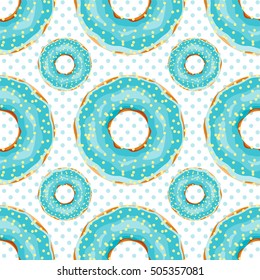 Vector seamless pattern. Cute blue donuts with colorful glazing or cream on polka dot background. Yummy cookie sweets, food or candy decoration. Flat lay style, pattern for festive, tasty design
