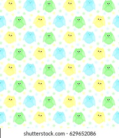 Vector seamless pattern of cute blue, green and yellow owls with stars in the background