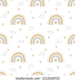 vector seamless pattern with cute boho nursery rainbows, textile repeat for kids