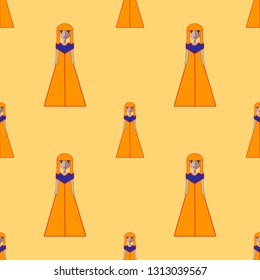 Vector seamless pattern with cute, bright dolls.