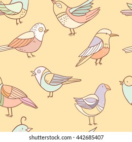 Vector seamless pattern of cute bright birds on yellow background